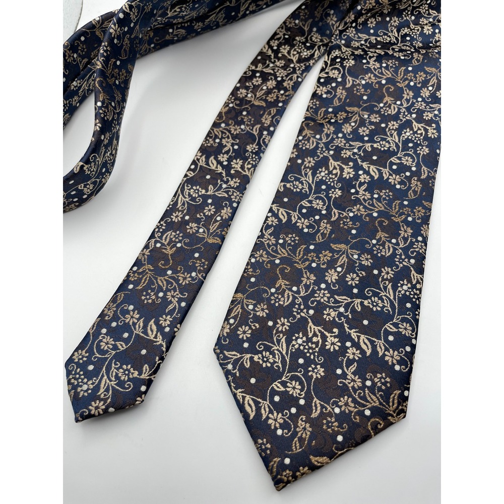 Stacy Adams Mens Navy Blue Gold Floral Polka Dot Microfiber Hand Made Necktie